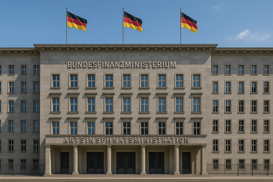 Das Gebäude des Bundesfinanzministerium ist zu sehen, darüber drei deutsche Flaggen bei blauen Himmel.