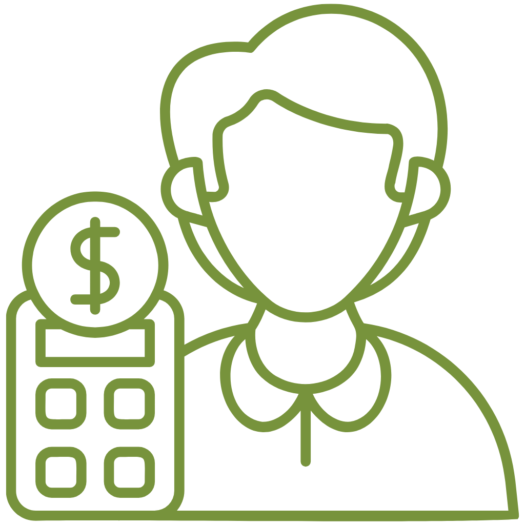 Ein grünes Icon das einen Mann zeigt, vor ihm ist ein Taschenrechner und ein Dollar-Zeichen.