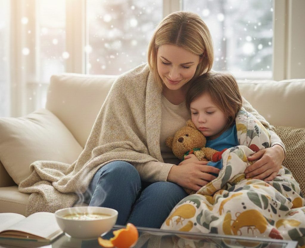 Eine Frau und ihr Kind sind in zwei Decken eingekuschelt und sitzen auf der Couch. Das Kind hat ein Teddy in der Hand.