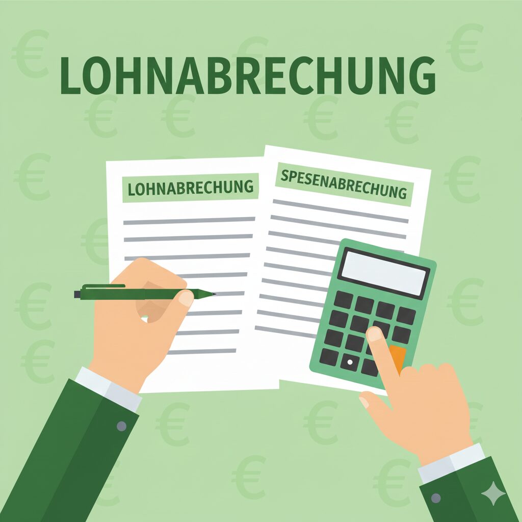 Graphik von einer Hand mit Kugelschreiber und Taschenrechner. Davor liegen zwei Blätter, einmal mit der Lohnabrechnung und einmal mit der Spesenabrechnung.