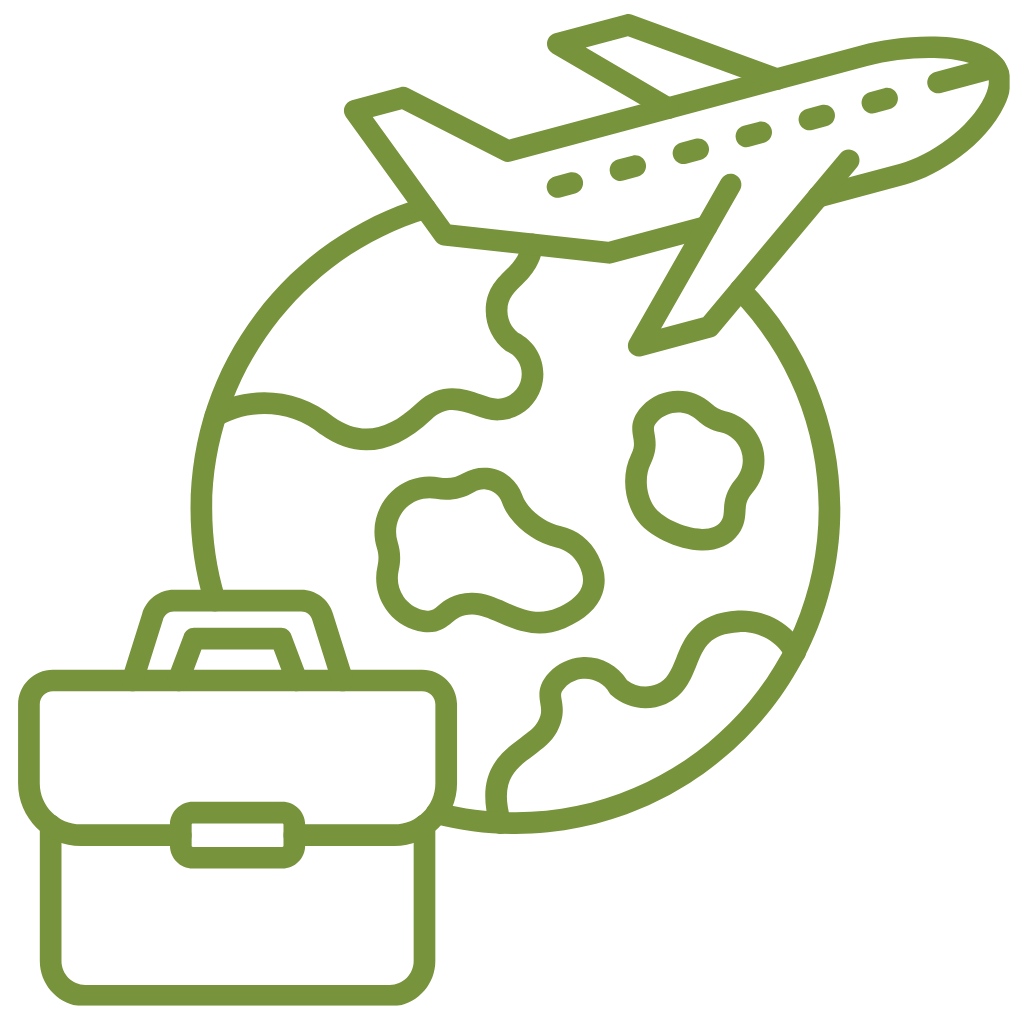Ein grünes Icon symbolisiert Urlaub mit einer Weltkugel, einer Reisetasche und einem Fluzeug.