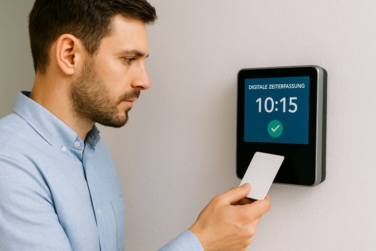 Ein Mann mit blauem Hemd und dunklen Haaren steht an der Stempeluhr und stempelt sich ein.