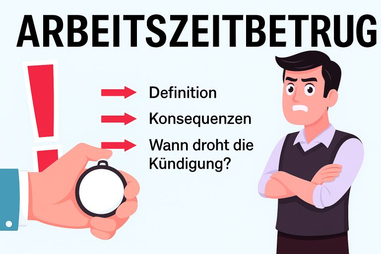 Eine Zeichnung von einem Mann der die Arme verschränkt, auf der anderen Seite ist eine Hand mit einer Stoppuhr und einem roten Ausrufezeichen abgebildet für Arbeitszeitbetrug.