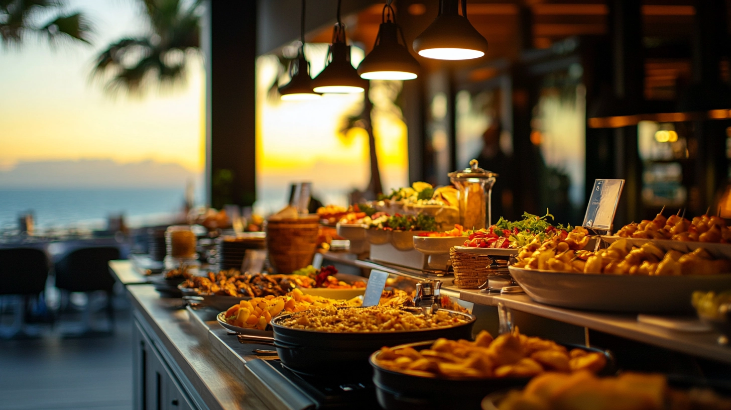 Ein reichhaltiges Hotel-Buffet mit Blick aufs Meer als Metapher für Diversität am Arbeitsplatz.