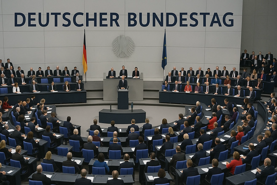 Foto vom deutschen Bundestag in dem die Abgeordneten Platz gefunden haben.
