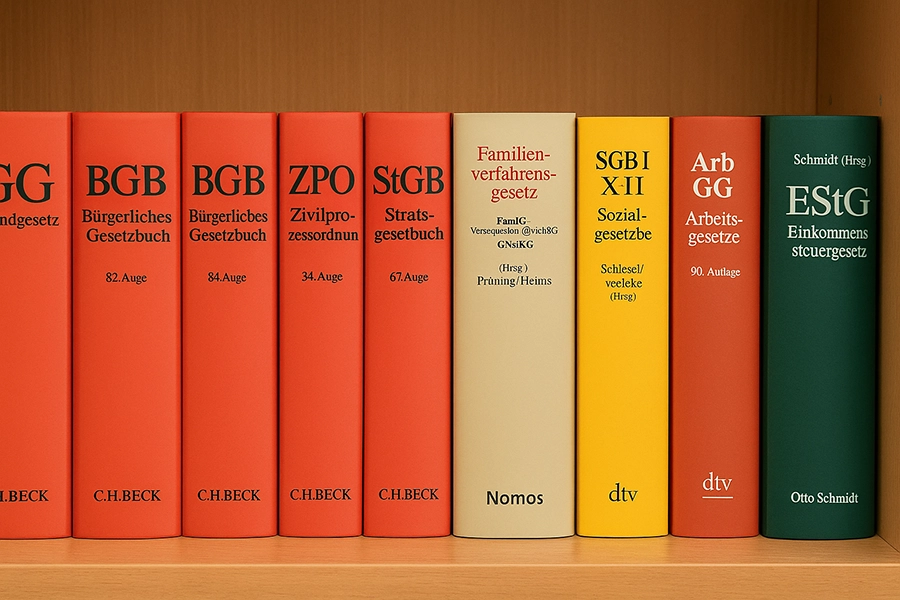 Mehrere Bücher wie das BGB, Familienverfahrensgesetz sind zu sehen. Insgesamt neun Bücher mit fünf verschiedenen Farben.