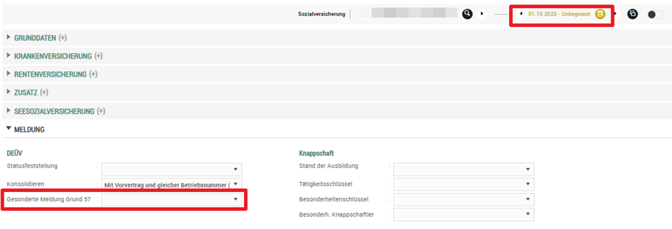 Die Erfassung im Folgemonat für die gesonderte Regelung 57 erfolgt unter dem Reiter DEÜV.