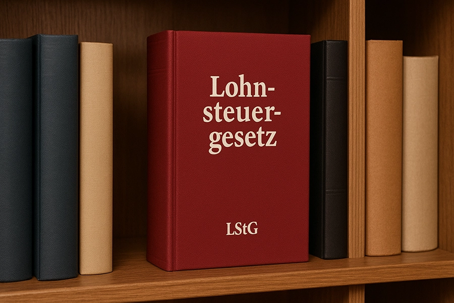 Mehrere Bücher stehen in einem Bücherregel, das Lohnsteuergesetz ist mit der Front zu sehen.