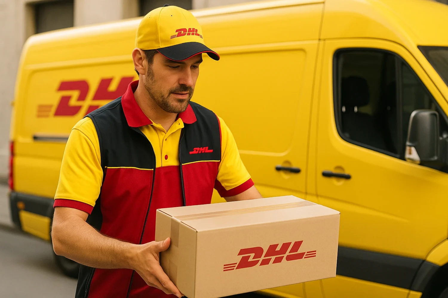 Ein DHL Paketbote liefert ein Paket aus, im Hintergrund sieht man sein Fahrzeug.