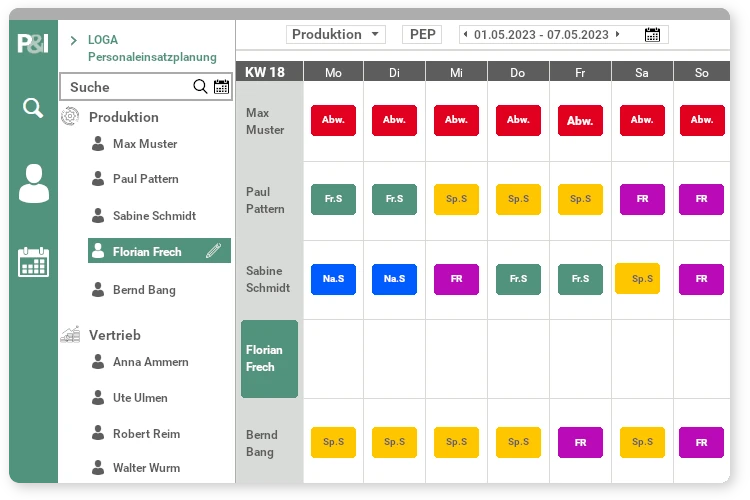 Die Personaleinsatzplanung ist ebenfalls von P&I LOGA und ergänzt die Zeitwirtschaft.
